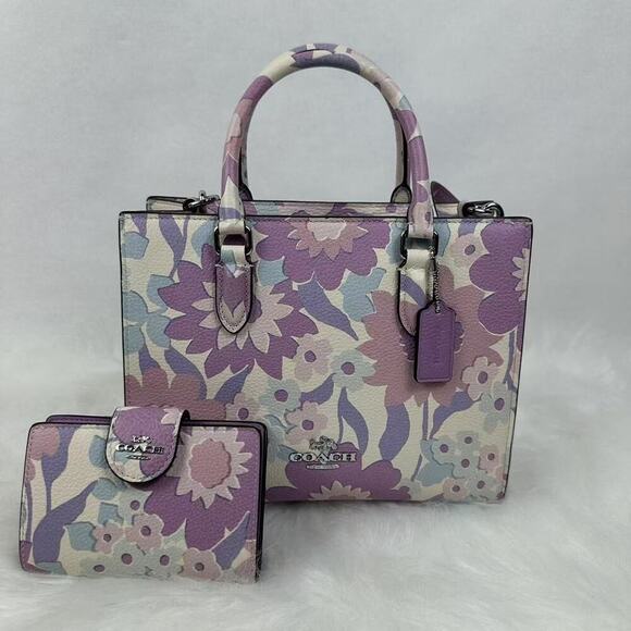 Coach CBM08 Maggie Small Tote Bag With Floral Print + Corner Zip Wallet NWT - Picture 1 of 12